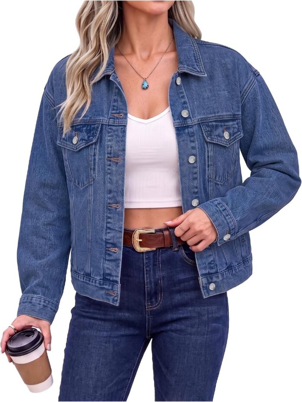 Women’s Classic Blue Long Sleeve Button Down Oversized Casual Denim Jean Jacket
